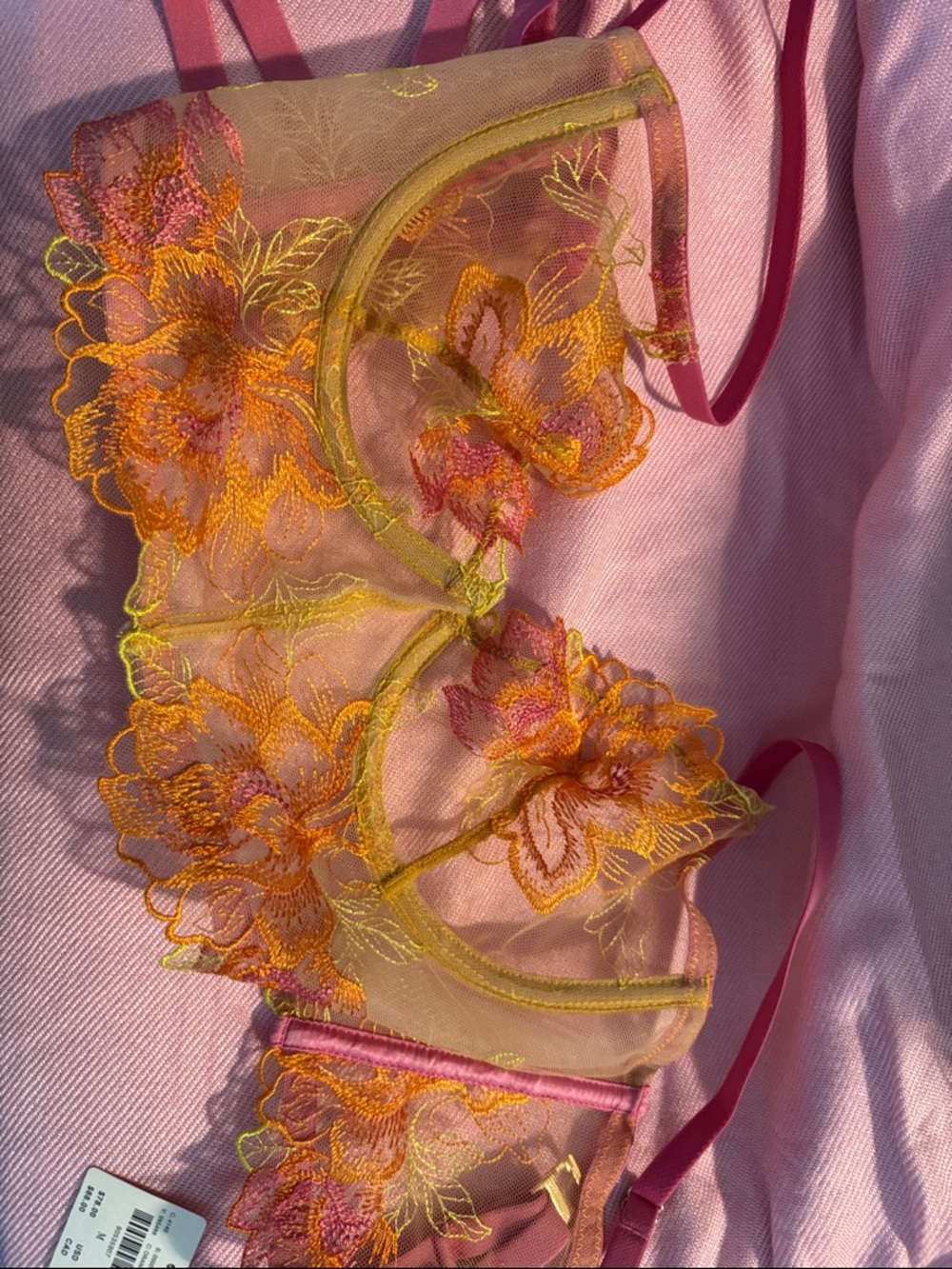 Anthropologie Sheer Floral Embroidered Bra in Pink and Yellow